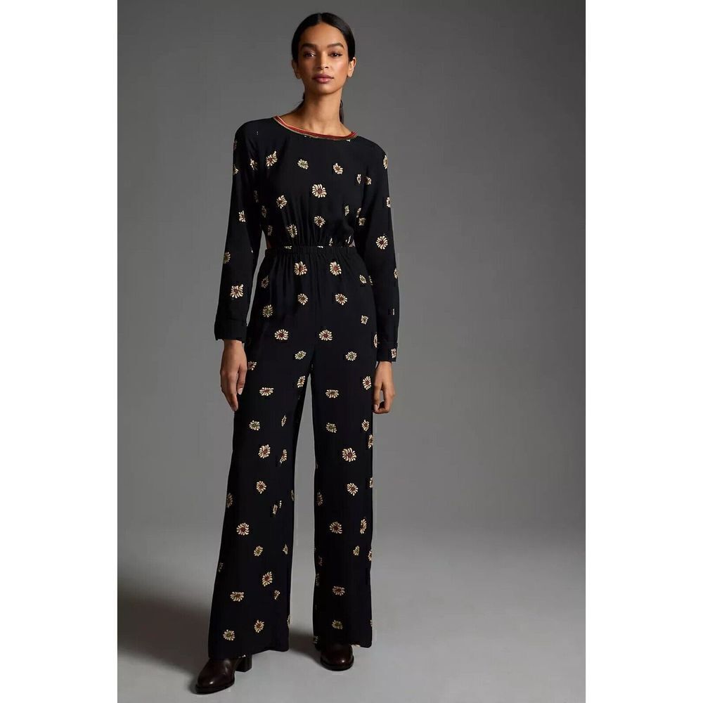 ANTHROPOLOGIE Farm Rio Long-Sleeve Cutout Jumpsuit Black Floral XS NEW - Picture 4 of 4